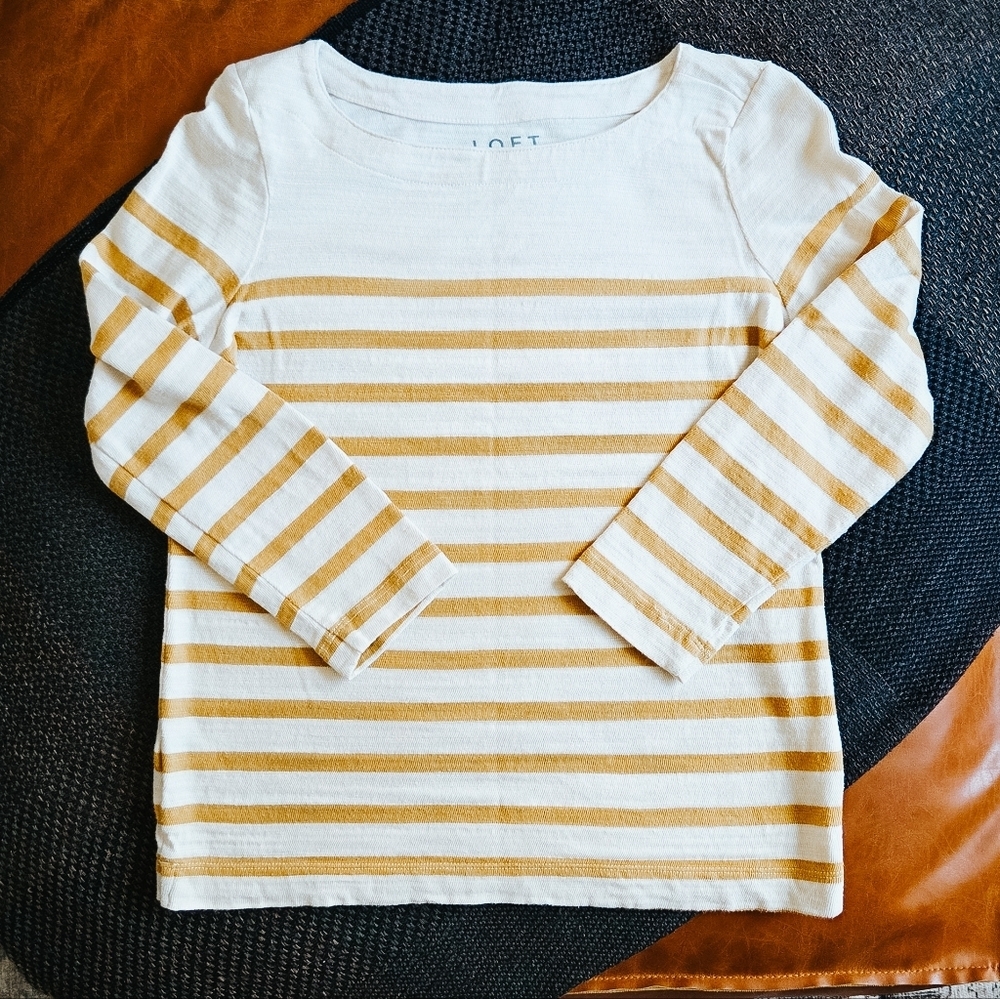 Loft Mustard Yellow Striped Long Sleeve Tee (Small Petite)